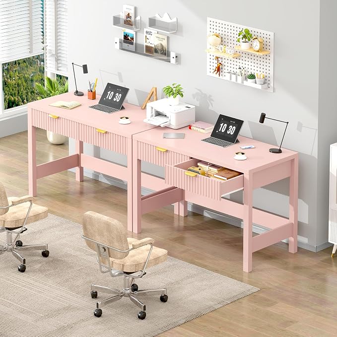 39 Inch Small Fluted Computer Desk with 2 Drawers for Bedroom, Home Office | Small Computer Desk with Storage, Compact Writing Study Desk for Small Spaces, Blue