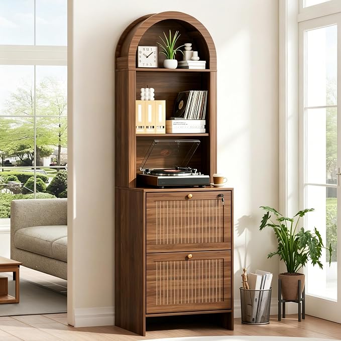 64.8"H Arched 2 Drawer File Cabinet, Farmhouse Vertical Cabinet with Lock | Vertical Filing Cabinet Fits Letter,Legal,A4 Hanging Folders,with Printer Stand Storage Bookshelf for Home Office,Living Room