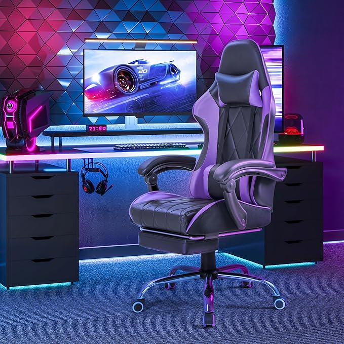 Homall Gaming Chair, Computer Chair with Footrest and Massage Lumbar Support, Ergonomic High Back Video Game Chair with Swivel Seat and Headrest (Purple)