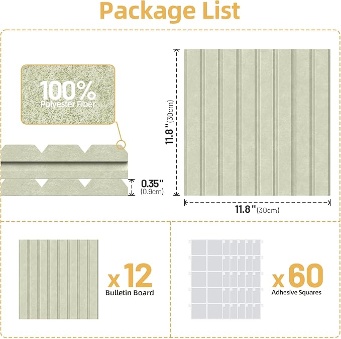 Large Cork Board for Walls 12 Pack Bulletin Board with 60 Adhesive Tabs | 36" x 48" Alternative CorkBoard for Pictures Photos, Felt Push Pin Boards Tiles for Office Classroom Wall Decor - Sage