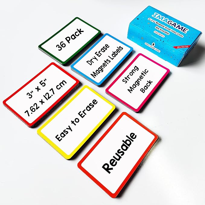 36 Pack Magnetic Dry Erase Labels - Magnetic Blank Cards with Color Borders, Reusable Magnetic Name Tags - Dry Erase Labels for Home, Office, Classroom - 3 x 5 Inches | Magnetic Blank Cards, Color Borders, Reusable Magnetic Name Tags, For Home, Office,...