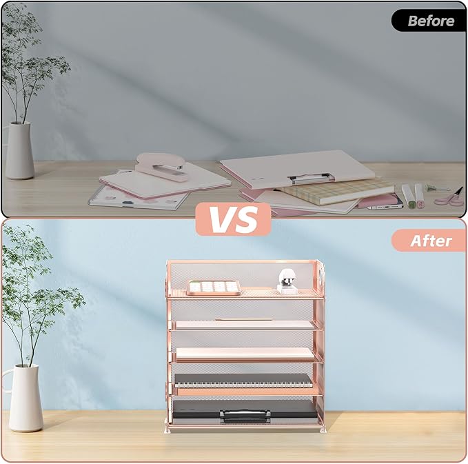 5 Trays Paper Organizer Letter Tray with Handle-Mesh Desk File Organizer, Paper Sorter Desk Organizer for Office, Home or School (Rose Gold)