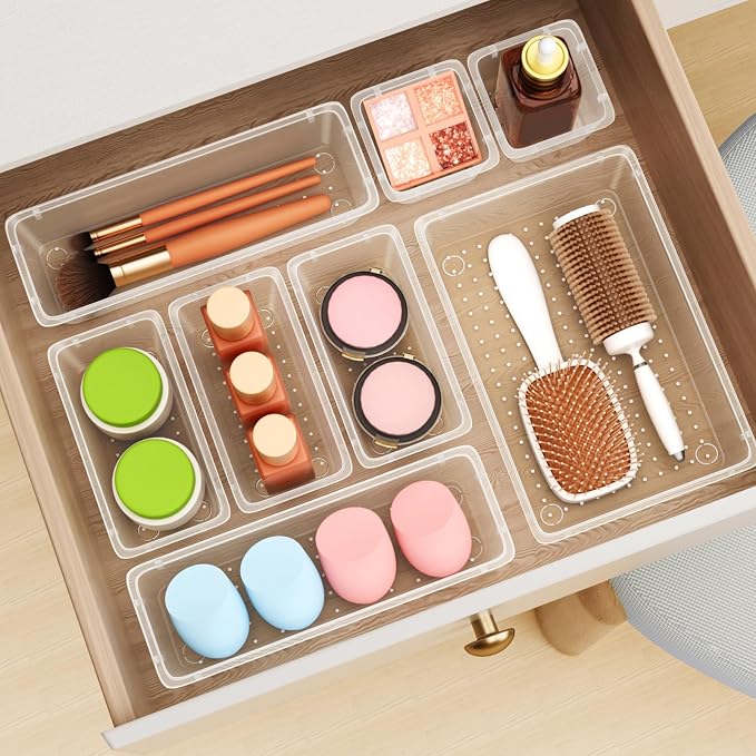 24 PCS Drawer Organizer Set, Makeup Organizers, Tool Storage Trays | 4 Sizes, Plastic, Stackable, Multiple Gadgets, Desk Drawer Divider Organizers, for Makeup, Office Supplies Storage