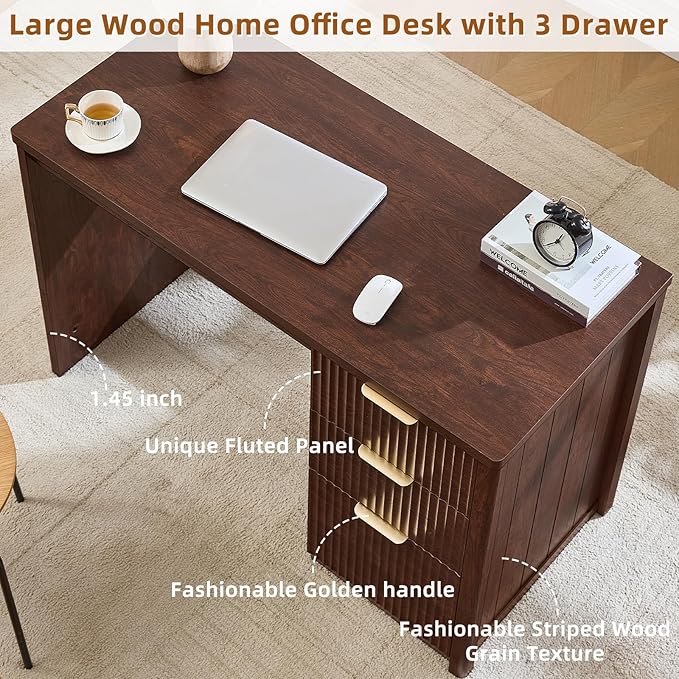 LEYAOYAO Office Desk 48" with 3 Drawers Storage File Cabinet Wood Fluted Desk for Computer Office Bedroom Home Furniture Walnut