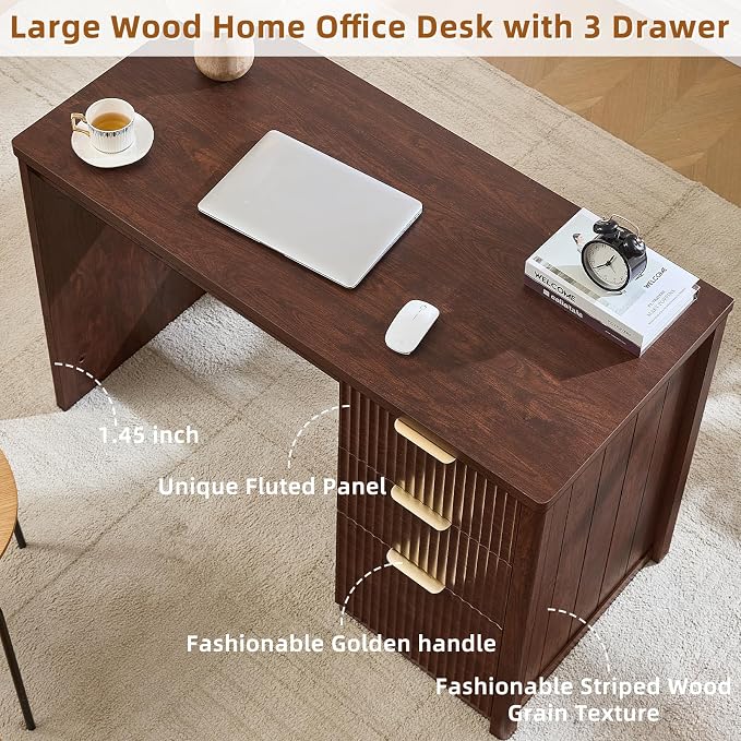 LEYAOYAO Office Desk 48" with 3 Drawers Storage File Cabinet | Wood Fluted Work Study Escritorio Desks for Computer Office Bedroom Home Furniture