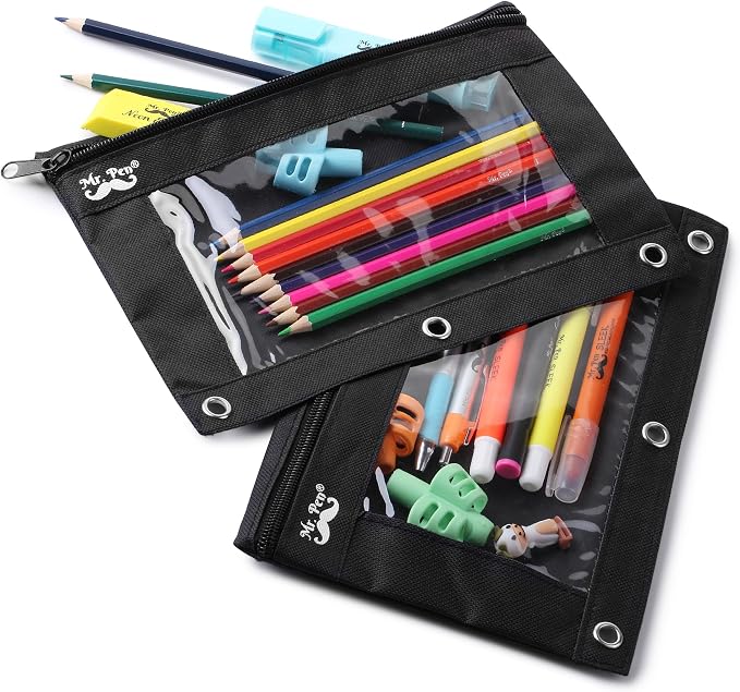 Mr. Pen- Bulk Pencil Pouch for 3 Ring Binder, 30 Pack, 10"x6.75" | Smooth Zipper, Clear Window, Bulk Large Capacity Pencil Case with 3 Reinforced Grommets for School, Office, Supplies Storage
