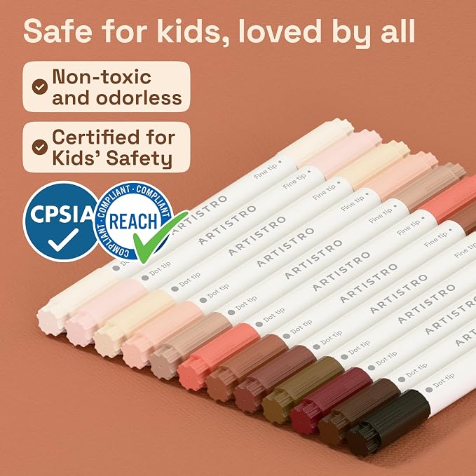 ARTISTRO 12 Skin Tones Dual-Tip Acrylic Paint Marker Pens for Drawing | For Fabric, Rock, Glass, Wood, & Molds, Arts & Crafts Gift for Adults, Teens, & Kids, Classroom Must Haves & School Supplies