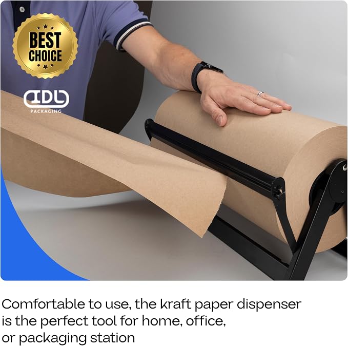 IDL Packaging 18" Kraft Paper Roll Dispenser & Cutter, Tabletop | for Rolls up to 18" Wide and 9" in Diameter – Reinforced Steel Paper Holder with a Cutter for Kraft, Butcher & Freezer Papers