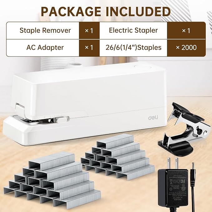 Deli Electric Stapler, Automatic Staplers for Desk, 25-Sheet Capacity | with 2000 Staples & Staple Remover, No-Jam, AC or Battery Powered Staplers for Office Home School, White