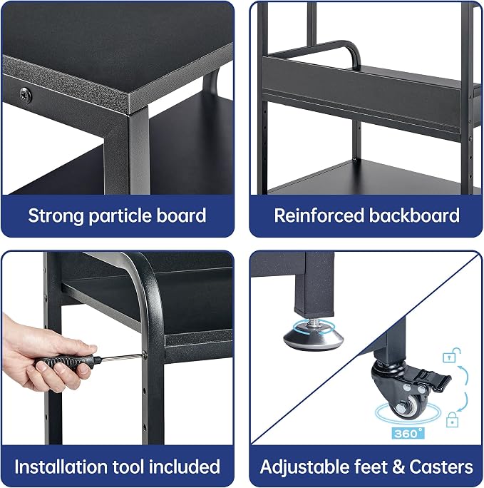 Fannova 32.3"x18.9" Extra Large Printer Stand with Adjustable Storage Shelf | 3 Tier Wide Printer Table for Multiple Printers, Heavy Duty Printer Cart with Industrial Wheels, Home Office Furniture, Black