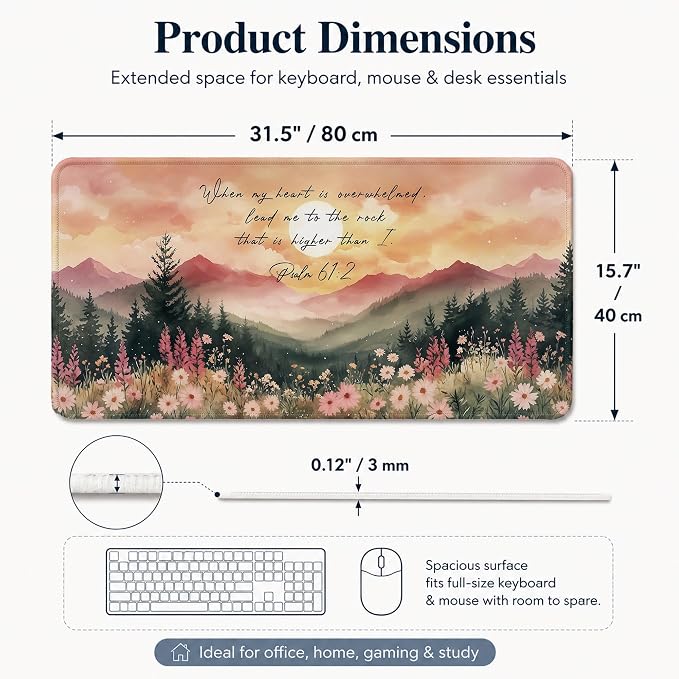 Psalm 61:2 Christian Mountain Large Mouse Pad 31.5x15.7 Inch,M006 | Psalm 61:2 Bible verse floral mountain desk mat for home office dorm, Christian desk decor and faith gifts for women
