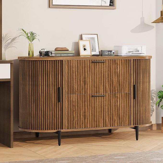 SEDETA Fluted 2 Drawer File Cabinet with 2 Sliding Door for Home Office | 39.4" Filing Cabinet for Home Office,fit Legal/Letter/A4 Siz,Modern File Cabinet with 2 Drawers,Printer Stand,Brown