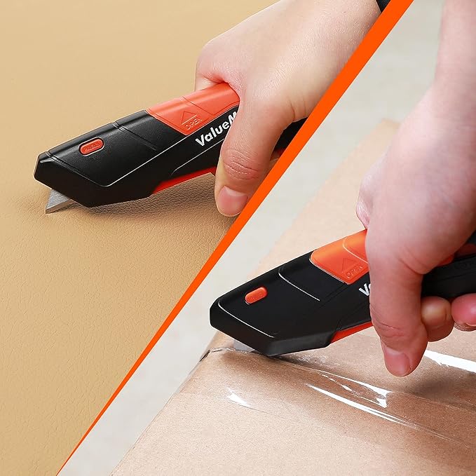ValueMax 2-Pack Box Cutter Knife, Cardboard Cutter with Self-Retracting 3-Position Locking Blade, Safety Sheath, Lanyard, Extra 18 Blades Included, Blade Storage Design