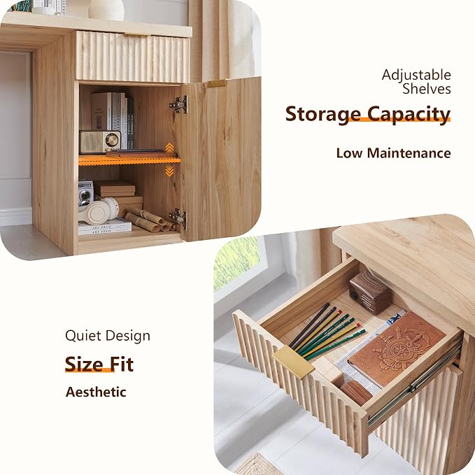 60" Fluted Office Home Desk, Reversible Left‑Right Cabinet, Built‑in Outlet | Reversible design lets you fix the cabinet on left‑hand or right‑hand side to fit your room layout