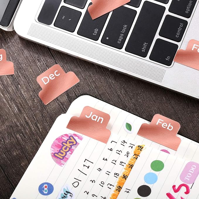72 Pieces Adhesive Monthly Planner Tabs Monthly Index Stickers Decorative Label Calendar Stickers for Office Study Planner Journal Notebook Back to School Accessories(Rose Gold)