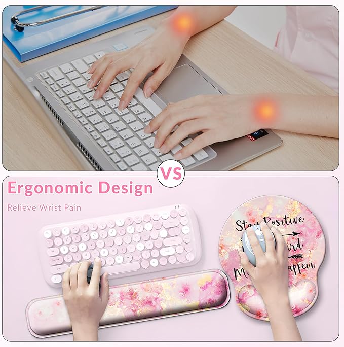 Large Mouse Pad and Keyboard Wrist Rest + Desk Mat Set,Full Long Mouse Pads for Desk Accessories with Memory Foam Gel Pink Mousepad for Women Computer Desktop Office Work-Pink & Black Slogan | Ergonomic,Pain Relief, 4-in-1 Large Big Mousepad Computer M...