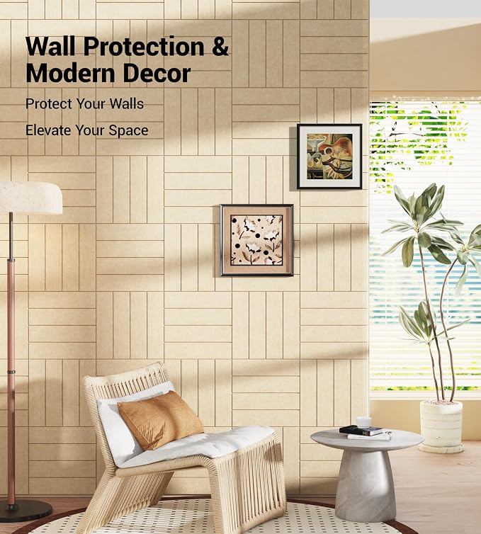 28" x 18" Felt Bulletin Board Tiles 1/2" Thick, Tan | 6 Pack Felt Tiles, Large Cork Board Alternative, 30 Adhesive Tabs, Pin Board for Home Office Decor with Easy Install