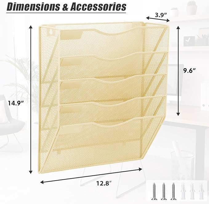 5 Pocket Mesh Hanging Wall File Organizer, Wall Mounted Mail Paper Document Folder Holder, Clipboard Storage Organization Magazine Rack with Nametag Label for Office Home School, Gold