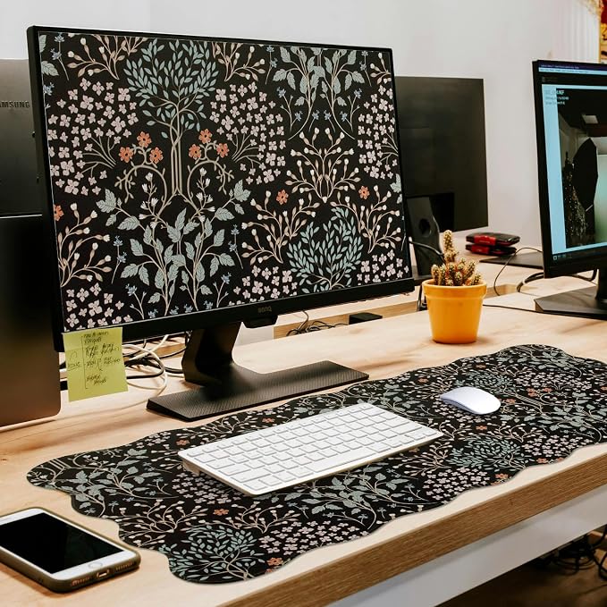 L-SPOUTTO Black Mouse Pad,Scalloped Desk Mat XXL Botanical Gaming Mousepad | 35.4x15.7in Large Non-Slip Base Keyboard Pad Waterproof Desktop Mat for Laptop Computer Game Home Office,Seamless Plants