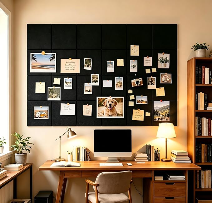 20 Pack Large Cork Board for Walls 60" x 48"(Black) | Felt Bulletin Board with Push Pins & Adhesive Tabs, Felt Wall Tiles Pin Board for Walls Home Office School Decor