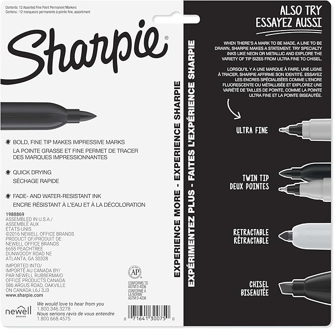 Sharpie Permanent Markers, Quick Drying And Fade Resistant Fine Tip Marker Set For Wood, Plastic Paper, Metal, And More, Drawing, Coloring, And Poster Marker, Assorted Colors, 144 count (12 packs of 12)
