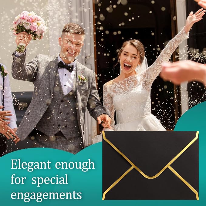 (50 Pack 5x7 Inch) Black Envelopes for Invitations with Gold Border, Self Adhesive A7 Envelopes with V-Flap, Great for Graduation, Invitation, Baby Shower, Wedding and RSVP Cards