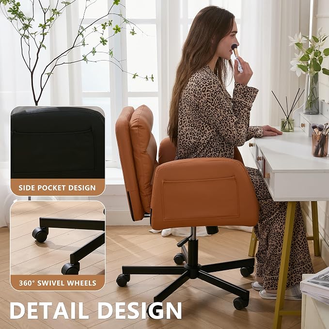 Criss Cross Chair with Flip-Up Arms & Swivel Wheels, Vanity Chair with Adjustable Height & Side Pockets, Comfortable Wide Seat Reclining Computer Office Desk Chairs for Home Office, Make Up, Bed Room