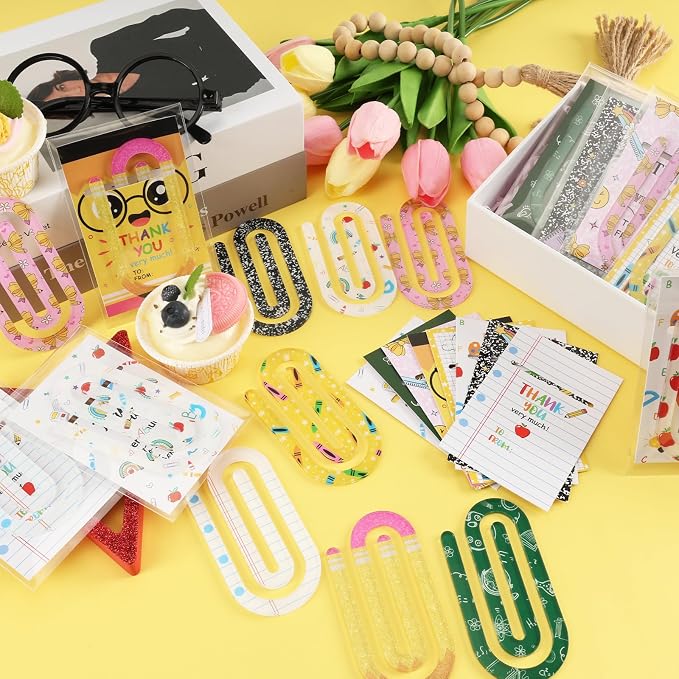 IANFEPH 24 Sets Back to School Teacher Gift Jumbo Acrylic Paper Clips | 8 Cute Paperclip Designs with Card, 4" X 2" Large Teacher Appreciation Paperclip Bookmark for Classroom Office Supplies