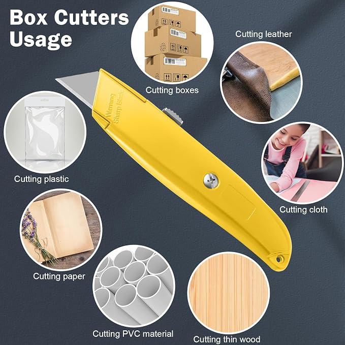 Lasnten 12 Pcs Box Cutter Bulk Retractable Utility Knife Heavy Duty Aluminum Alloy Carpet Knife Package Opener Cutter Blade for Cardboard Plastics Cartons DIY Home Warehouse Office(Yellow)