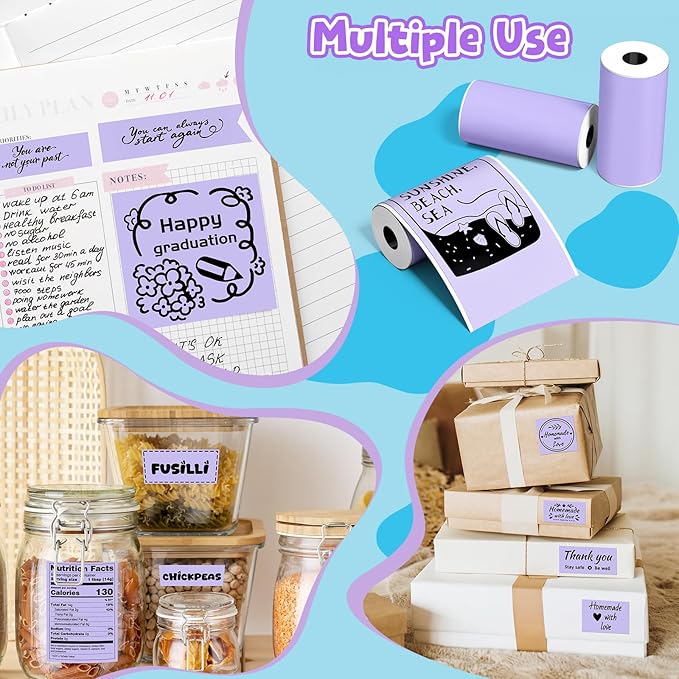 Phomemo Purple Self-Adhesive Thermal Paper, Glossy Printable Sticker Paper for Phomemo T02/T02Pro/Q02E/M02X/Y02C/Q02 Mini Sticker Printer, 50mm x 3.5m, Diameter 28mm, 3-Rolls, Image Time 20 Years