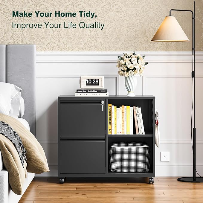 Mobile File Cabinet with Side Hook, 2 Drawer Lateral File Cabinet with Lock fits A4/Letters/Legal Size for Home Office,Metal Rolling Printer Stand with Open Storage Adjustable Shelves(Black)