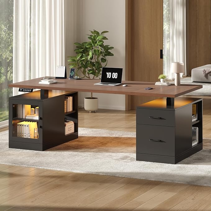 71 in Executive Standing Desk, Electric Height Adjustable Desk with Storage Drawers, Glass Cabinet, Shelves, Power Outlet, LED Light, Wood Sit Stand up Computer Desks for Home Office (Black)