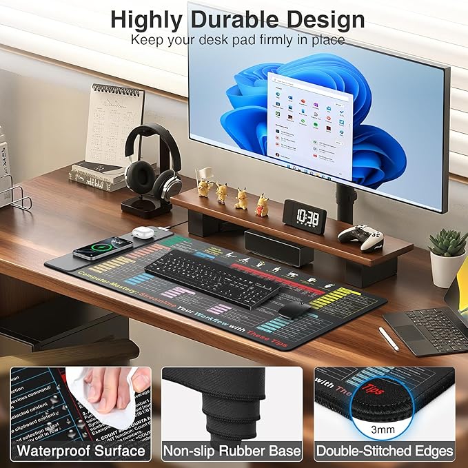 Excel Cheat Sheet Mouse Pad with Magnetic Wireless Charging, 31.5 x 15.8 in | Extended Excel Shortcuts Desk Writing Pad, Waterproof Ultra-Smooth Keyboard Mat, Non-Slip Base