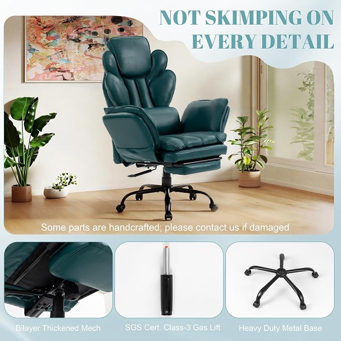 Flip Armrests Criss Cross Office Chair, Reclining Office Chair with Foot Rest, Adjustable Headrest, Massage Waist Pillow, Cross Legged Big and Tall Desk Chair Wide Seat Vanity Chair, Green PU Leather