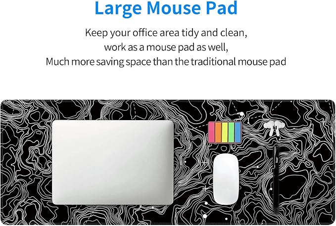 Black with White Topographic Line Large Mouse Pad,Gaming Keyboard Desk Pad,Extended Mouse Mat Non-Slip Rubber Base with Stitched Edges for Office Game Home XL 31.5"x11.8"