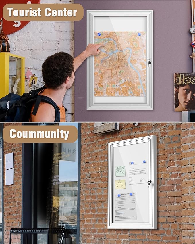 Mifuro 36"x24" Enclosed Bulletin Board, Outdoor Lockable Weather-Resistant Aluminum Noticeboard for School & Office, Silver Frame w/Magnetic Board