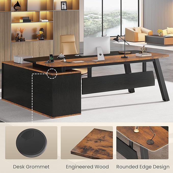 SEDETA 71" L Shaped Executive Desk with File Cabinet & Power Outlet | Computer Desk with 3 Storage Drawers, Adjustable Shelves, CPU Stand, Privacy Baffle, Modern Desk for Home Office, Brown
