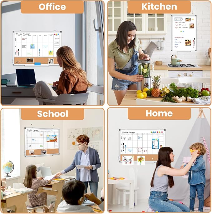 Weekly Dry Erase Calendar Whiteboard for Wall, 24" x 18" Cork Week Planner | Double-Sided Magnetic, Planning White Board Combo, Bulletin Board, Aluminium Frame, Hang Wall Mount, Office Home School