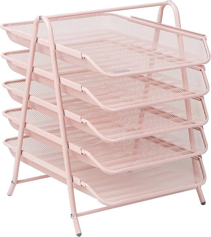 Mind Reader 5-Tier Paper Tray Organizer, Vertical Desktop File Storage Rack, Office, Metal Mesh, Pink (Pack of 6)
