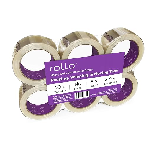 Rollo No Noise Packing Tape - Silent Shipping Tape (60 Yards x 2" Wide) | 2.6 Mil Thick, 6 Refill Rolls. Clear Heavy Duty Industrial Quiet Tape for Packaging, Shipping, Moving, Storage, No Bubbles