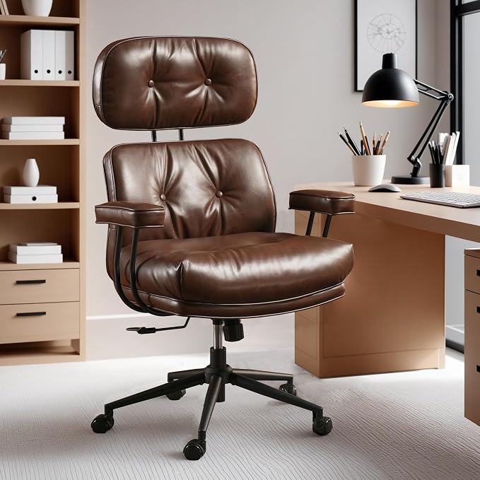 ovios Home Office Chair with Thick Cushion, Mid-Century Modern Faux Leather Ergonomic Chairs, High Back Swivel Rolling Computer Executive Armchair (Dark Brown, PU Leather)