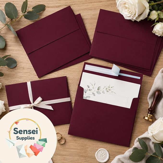 110 5x7 Burgundy Invitation Envelopes - for 5x7 Cards - A7 - (5 ¼ x 7 ¼ inches) - Perfect for Weddings, Graduation, Baby Shower - 120 GSM - Peel, Press & Self Seal - Square Flap