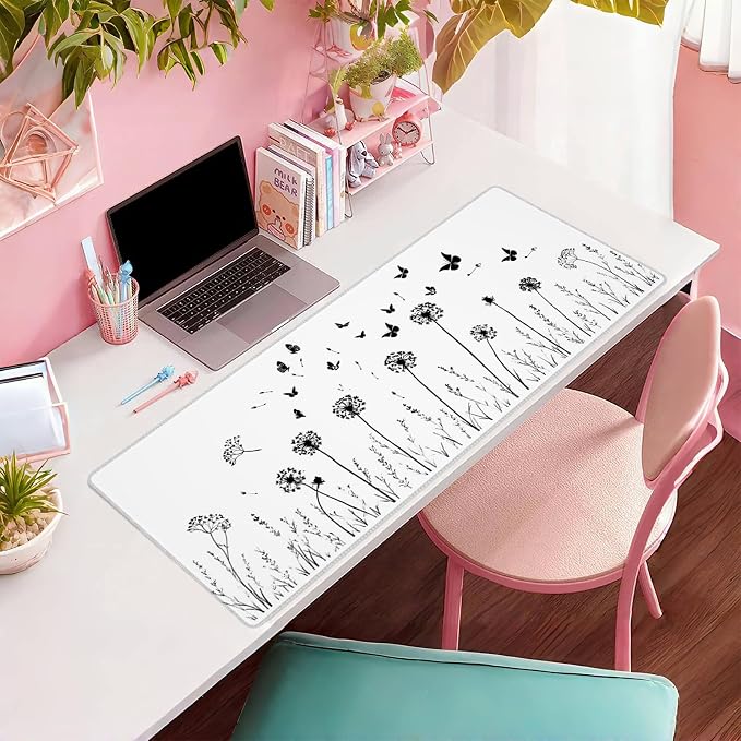 Dandelion White Extended Mouse Pad 31.5x11.8in, Butterfly Wildflower Large Desk Mat with Non-Slip Rubber Base, Big Mousepad for Laptop Computer PC, Gaming Office Home Decor, Deskmat Gifts
