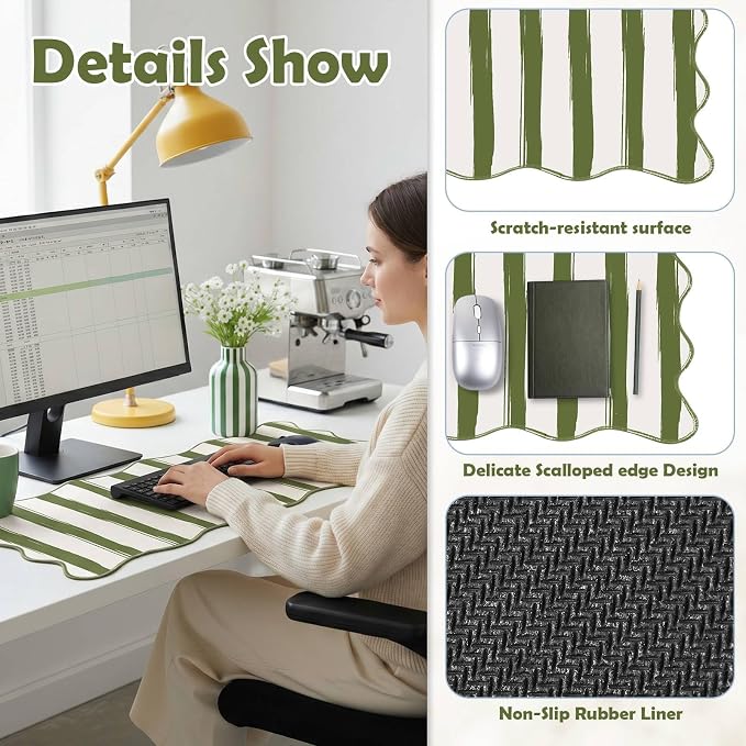 1 Pcs Green Scalloped Striped Desk Mat 31.5 x 11.8 Inch Large Cute Mouse Pad Computer Mat Non Slip Waterproof Rubber Base with Border Stitching Soft Keyboard Pad for Home Office Gaming Makeup