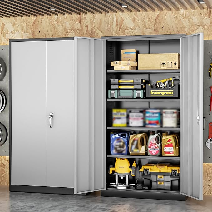 Metal Storage Cabinet, 72” H Storage Cabinet with 2 Doors and 4 Adjustable Shelves for Office, Home, Garage, Pantry (Assembly Required, Black Grey)