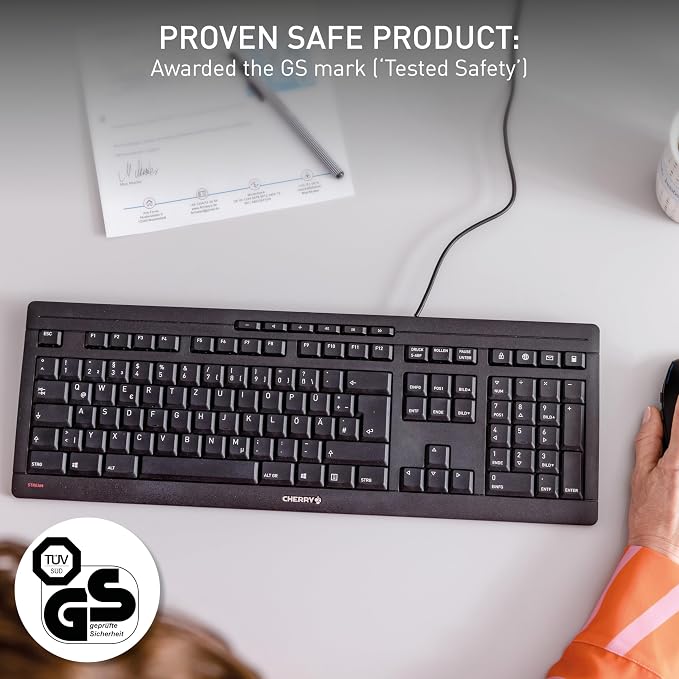 Cherry Stream Keyboard | Wired Slim Whisper Quiet | Silent Keys | Black | For PC/Laptop, Unique Typing Feel, Slim Design, CHERRY SX Scissor Switches, USB-A, QWERTY, Home or Office