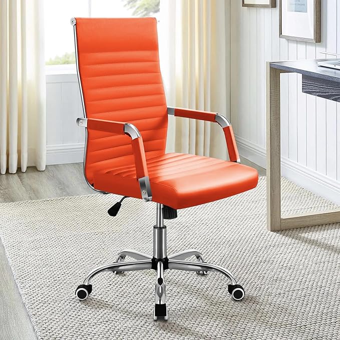 Furmax Ergonomic Office Desk Chair, Executive Ribbed Mid-Back PU Leather Conference Room Chair Adjustable Swivel Chair with Arms (1, Orange)