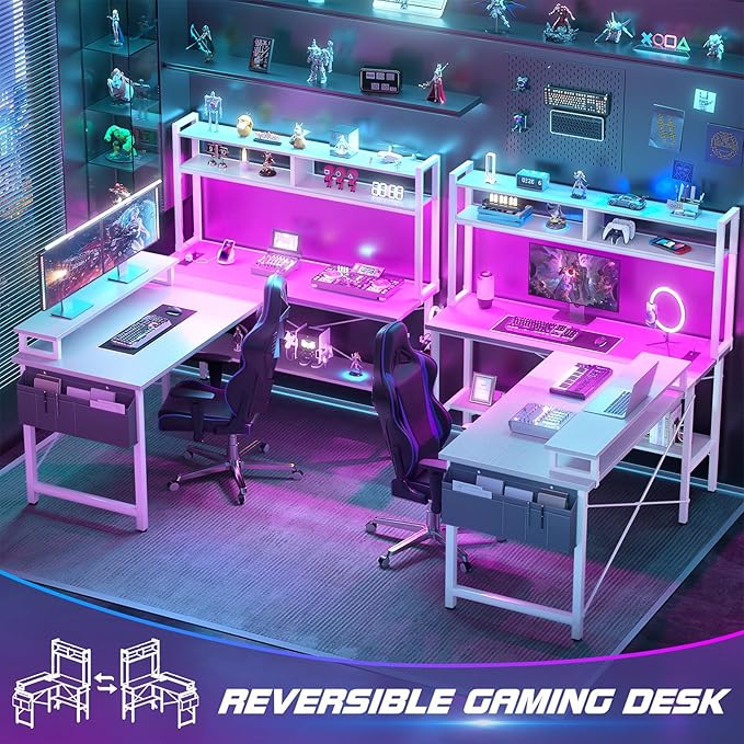 Aheaplus L Shaped Gaming Desk with Power Outlets & LED Lights, White | Small L- Shaped Desk Computer Corner Desk with Monitor Stand & Shelf, Home Office Desk Writing Desk with Storage Bag & Hooks