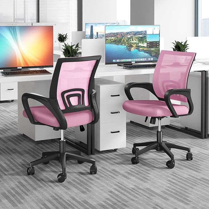 Home Office Chair, Ergonomic Mid-Back Mesh Desk Chair with Lumbar Support, Adjustable Swivel Rolling Design, Comfy Armrest for Work, Study, Gaming, Vanity, Pink