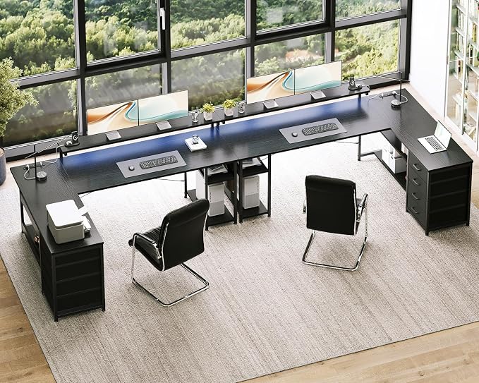 AODK 61 Inch L Shaped Computer Desk with 4 Drawers, LED Lights, Black | Power Outlets, Adjustable Monitor Stand, Open Storage Shelves, Reversible Layout for Gaming and Home Office